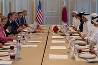 Secretary Blinken and Deputy Prime Minister and Foreign Minister Mohammed bin Abdulrahman Al Thani at Strategic Dialogue Working LunchSecretary of State Antony J. Blinken participates in a U.S.-Qatar Strategic Dialogue working lunch with Qatari Deputy Prime Minister and Foreign Minister Mohammed bin Abdulrahman Al Thani in Doha, Qatar. on November 22, 2022. [State Department photo by Ron Przysucha/ Public Domain]
