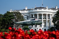 Marine One departs the South Lawn of the White House Saturday, September 17, 2022, en route to Joint Base Andrews in Maryland to begin their trip to the United Kingdom to attend the state funeral of Queen Elizabeth II.(Official White House Photo by Carlos Fyfe)
