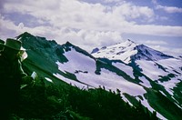 View of Snow Covered Mountains in the Goat Rocks Wilderness during Wilderness Survey Trip on the Gifford Pinchot NF in Washington State. Circa September 1964