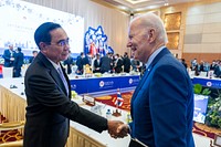 President Joe Biden attends the East Asian Leaders Summit, Sunday, November 13, 2022, at the Sokha Hotel in Phnom Penh, Cambodia. He speaks with Prayut Chan-o-cha, Prime Minister of Thailand. (Official White House Photo by Adam Schultz)
