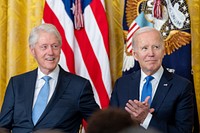 President Joe Biden and former President Bill Clinton attend an event marking the 30th anniversary of the Family and Medical Leave Act, Thursday, February 2, 2023, in the East Room of the White House. (Official White House Photo by Adam Schultz)