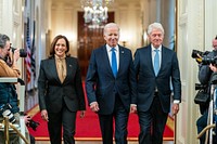 President Joe Biden, former President Bill Clinton and Vice President Kamala Harris arrive to the East Room for an event marking the 30th anniversary of the Family and Medical Leave Act, Thursday, February 2, 2023, at the White House. (Official White House Photo by Cameron Smith)
