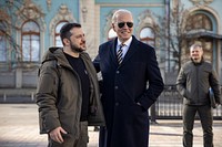 President Joe Biden walks with Ukrainian President Volodymyr Zelenskyy, Monday, February 20, 2023, during an unannounced trip to Kyiv, Ukraine. (Official White House Photo by Adam Schultz)