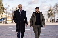 President Joe Biden and Ukrainian President Volodymyr Zelenskyy talk at the Walk of the Brave, Monday, February 20, 2023, during an unannounced visit to Kyiv, Ukraine. (Official White House Photo by Adam Schultz)