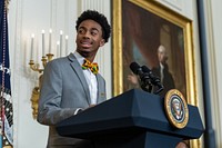 DuWayne Portis Jr., Youth Leader at Chicago Youth Service Corps and High School Senior at Lindblom Math and Science Academy, delivers remarks at a Black History Month reception, Monday, February 27, 2023, in the East Room of the White House. (Official White House Photo by Adam Schultz)
