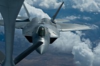 A U.S. Air Force F-22 Raptor aircraft with the 49th Fighter Wing, Holloman Air Force Base, N.M., pulls up for air refueling over the Nevada Test and Training Range during a training mission as part of Red Flag 11-3, Mar. 3, 2011.