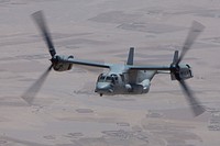 A U.S. Marine Corps V-22 Osprey aircraft flies between Camp Leatherneck and Village Stabilization Platform (VSP) Hyderabad in Helmand Province, Afghanistan, June 2, 2011.