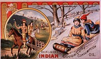 Dr. Kilmer's Indian Cough Cure. Dr. Kilmer's, "The people's favorite." Visual motif: Showing Indians on horseback and people sledding. Original public domain image from Flickr