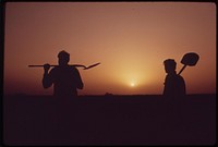 Farm workers shoulder tools at end of day near Ripley, in the fertile Palo Verde Valley of the lower Colorado River region, May 1972. Photographer: O'Rear, Charles. Original public domain image from Flickr