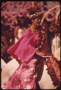 Costumed for Aloha Day parade, one of many festivities during annual Aloha Week, October 1973. Photographer: O'Rear, Charles. Original public domain image from Flickr