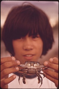 Hawaiian boy has caught a crab, October 1973. Photographer: O'Rear, Charles. Original public domain image from Flickr