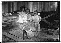 Millie, (about 7 years old) and Mary John (with baby) 8 years old. Both shuck oysters. This is Mary's second year, February 1911. Photographer: Hine, Lewis. Original public domain image from Flickr