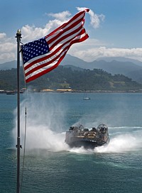 U.S. Navy Landing Craft, Air Cushion (LCAC) 29 prepares to enter the well deck of the amphibious assault ship USS Bonhomme Richard (LHD 6) during Amphibious Landing Exercise (PHIBLEX) 2013 in Subic Bay, Philippines, Oct. 20, 2012.