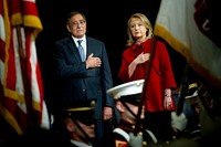 Secretary of Defense Leon E. Panetta, left, and former Secretary of State Hillary Clinton put their hands over their hearts during a military procession before Panetta and Chairman of the Joint Chiefs of Staff U.S. Army Gen. Martin E. Dempsey present Clinton with the Department of Defense Distinguished Civilian Service Award during a ceremony at the Pentagon in Arlington, Va., Feb. 14, 2013.