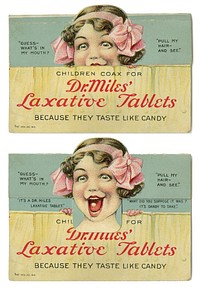 Dr. Miles' laxative tablets. A young girl wearing a pink headband with bows is smiling with her mouth wide open. In her mouth is one of Dr. Miles' laxative tablets. Original public domain image from Flickr