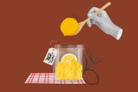 Honey lemon jar background, creative food collage