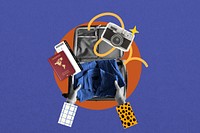 Travel luggage packing background, creative collage