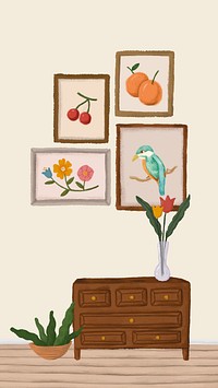 Aesthetic wall decoration phone wallpaper, home interior illustration