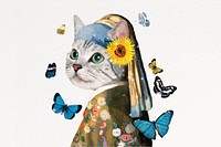 Cat with pearl earring background, art remix.  Remixed by rawpixel.