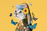 Cat with pearl earring background, art remix.  Remixed by rawpixel.