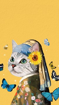 Cat with pearl earring iPhone wallpaper. Remixed by rawpixel.