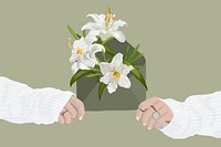 Letter & white flowers, green background, aesthetic illustration