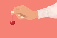 Hand holding cherry, feminine background, aesthetic illustration