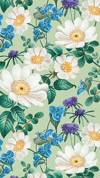 White flower pattern mobile wallpaper illustration by Pierre Joseph Redouté. Remixed by rawpixel.