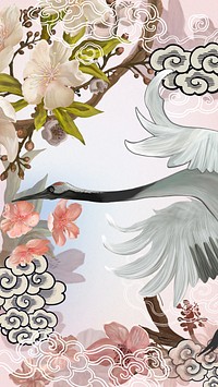 Flying Japanese crane iPhone wallpaper, traditional animal illustration