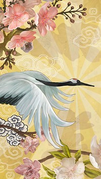 Flying Japanese crane iPhone wallpaper, traditional animal illustration