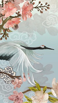 Flying Japanese crane iPhone wallpaper, traditional animal illustration