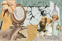 Antique objects collage background, ephemera style