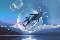 Flying whale watercolor background, nature aesthetic illustration