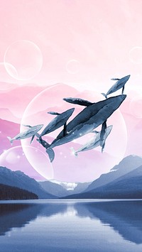 Flying whale watercolor iPhone wallpaper, nature aesthetic illustration