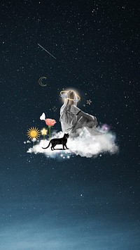 Starry sky aesthetic iPhone wallpaper, daydreaming girl remix background