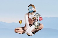 Faceless woman with flowers, surreal collage art