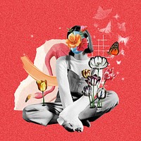 Faceless woman with flowers, surreal collage art