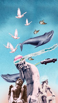 Surreal Greek God mobile wallpaper, flying whale remix background