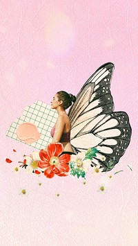 Surreal butterfly-winged woman phone wallpaper, aesthetic floral remix background