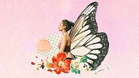 Surreal butterfly-winged woman desktop wallpaper, aesthetic floral remix background