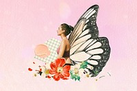 Surreal butterfly-winged woman, aesthetic floral remix