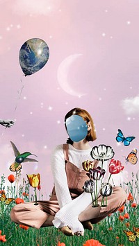 Aesthetic surreal landscape phone wallpaper, faceless woman background