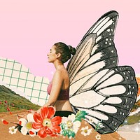 Surreal butterfly-winged woman, aesthetic floral remix