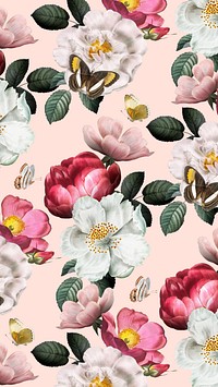 Vintage flower pattern mobile wallpaper, aesthetic watercolo rbotanical illustration