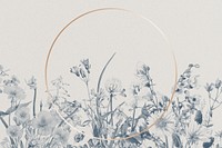 Round gold frame background, blue flower border illustration