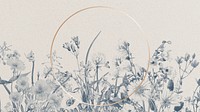 Round gold frame desktop wallpaper, blue flower border illustration