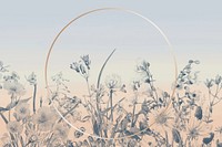 Winter round gold frame background, blue flower border illustration