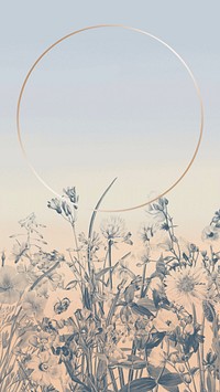 Winter flower iPhone wallpaper, round gold frame illustration