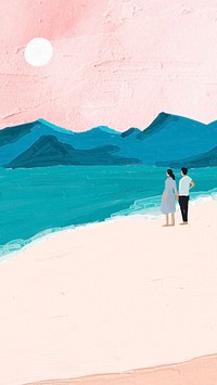 Couple & sea phone wallpaper, acrylic paint texture design