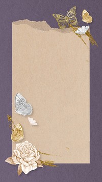 Ripped paper frame iPhone wallpaper, floral butterfly background